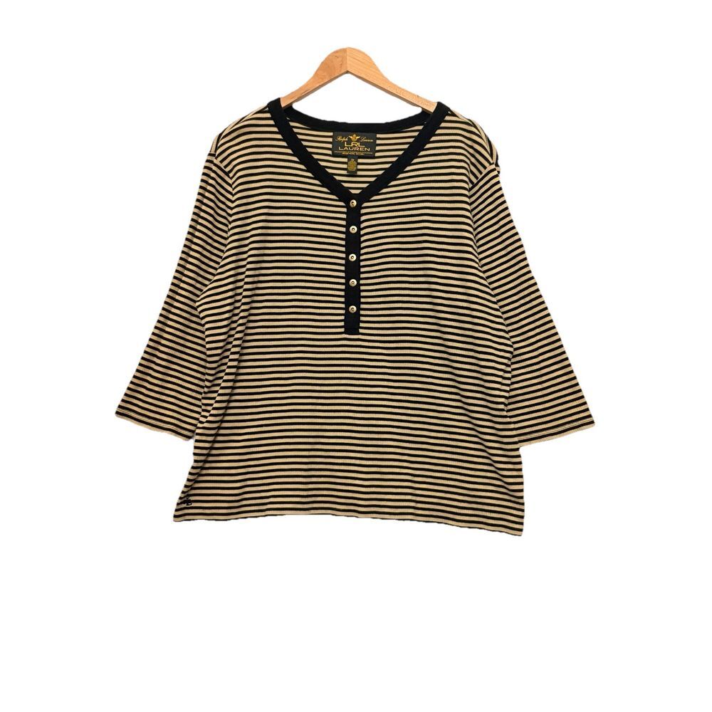Ralph Lauren‎ Black Label LRL Henley Top Shirt Plus Size 3X Black Striped Ribbed